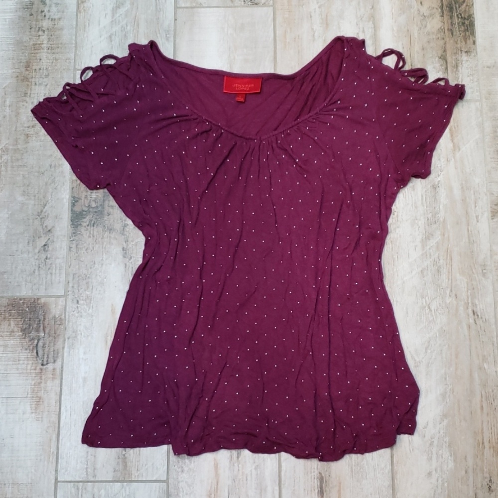 Plum scoop neck cold shoulder shirt
